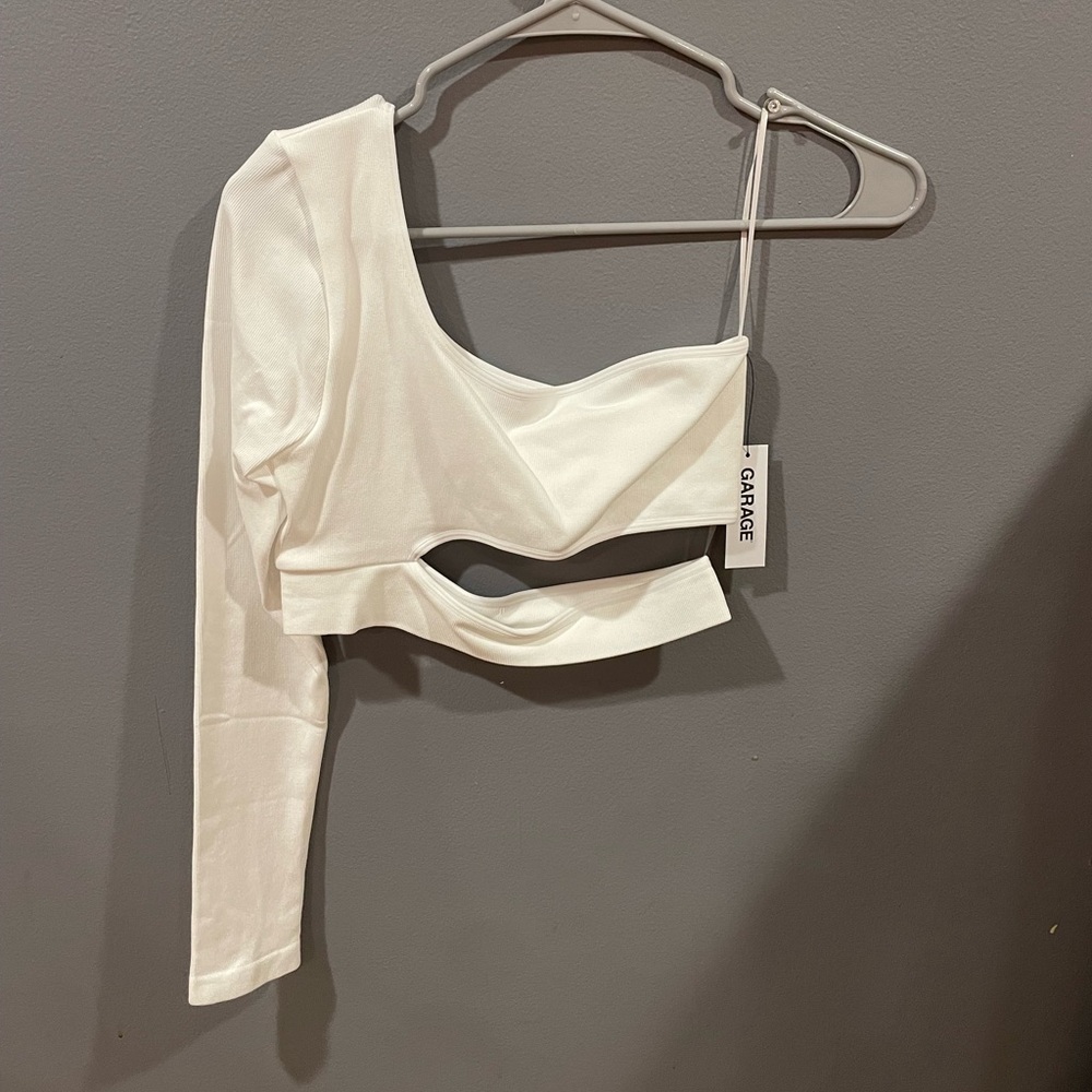 Garage White Asymmetric Cut Out Long Sleeve Top